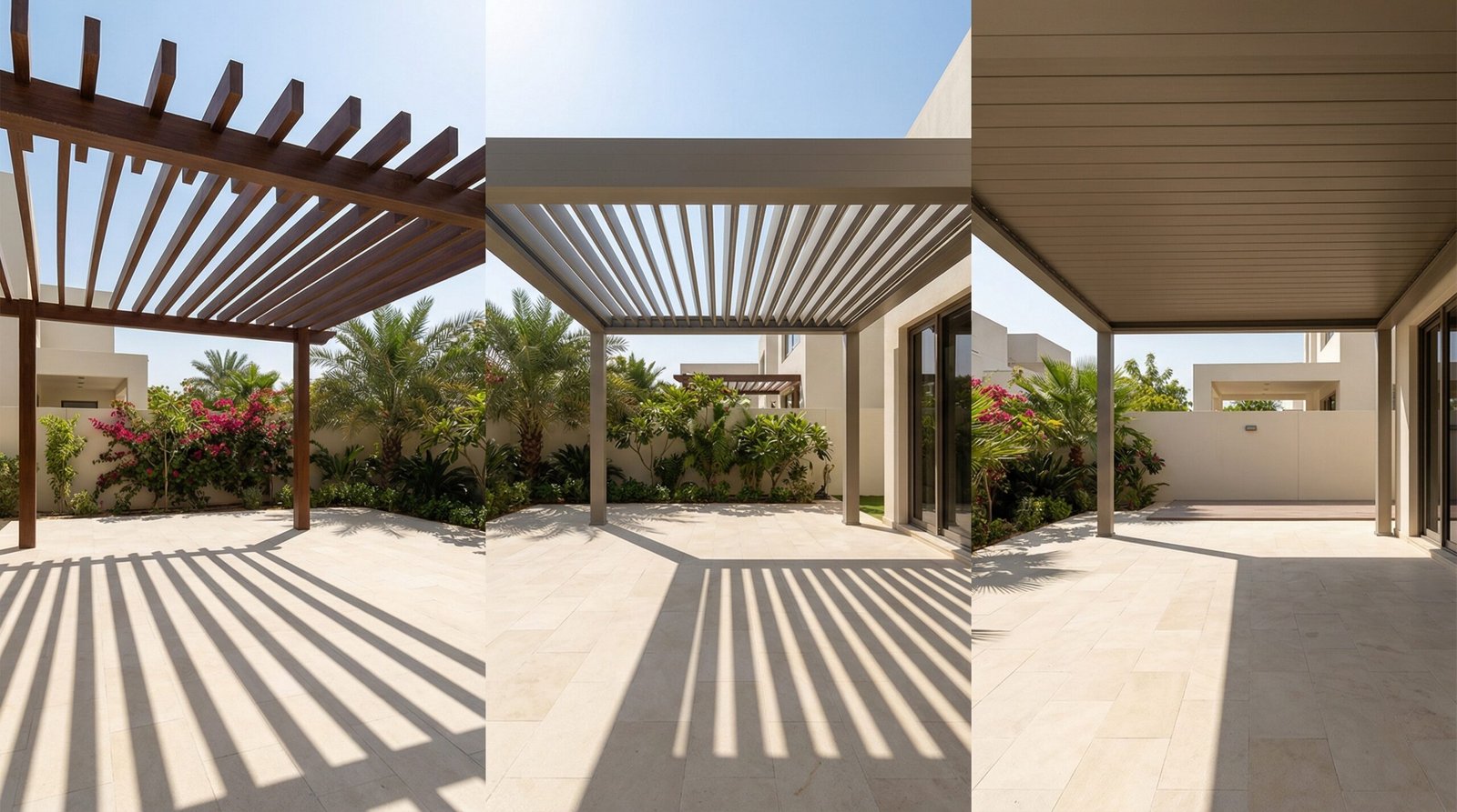Three pergola types installed in UAE courtyard showing timber, aluminium louvre, and composite panel options for Dubai climate