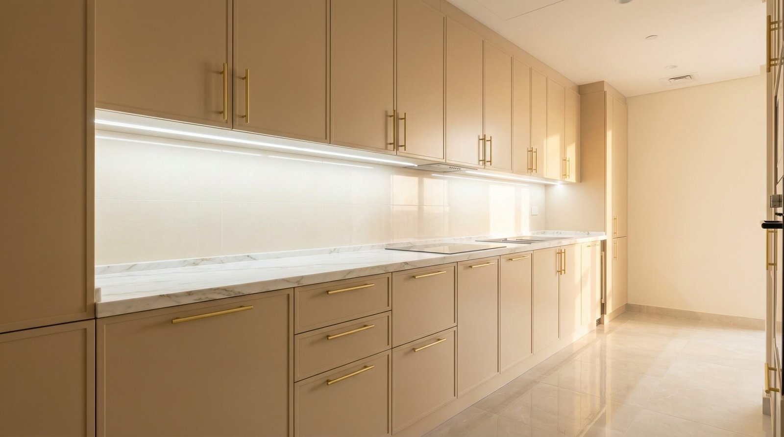 Custom moisture-resistant kitchen cabinet system installed in UAE apartment with sealed lacquer finish and brushed gold handles