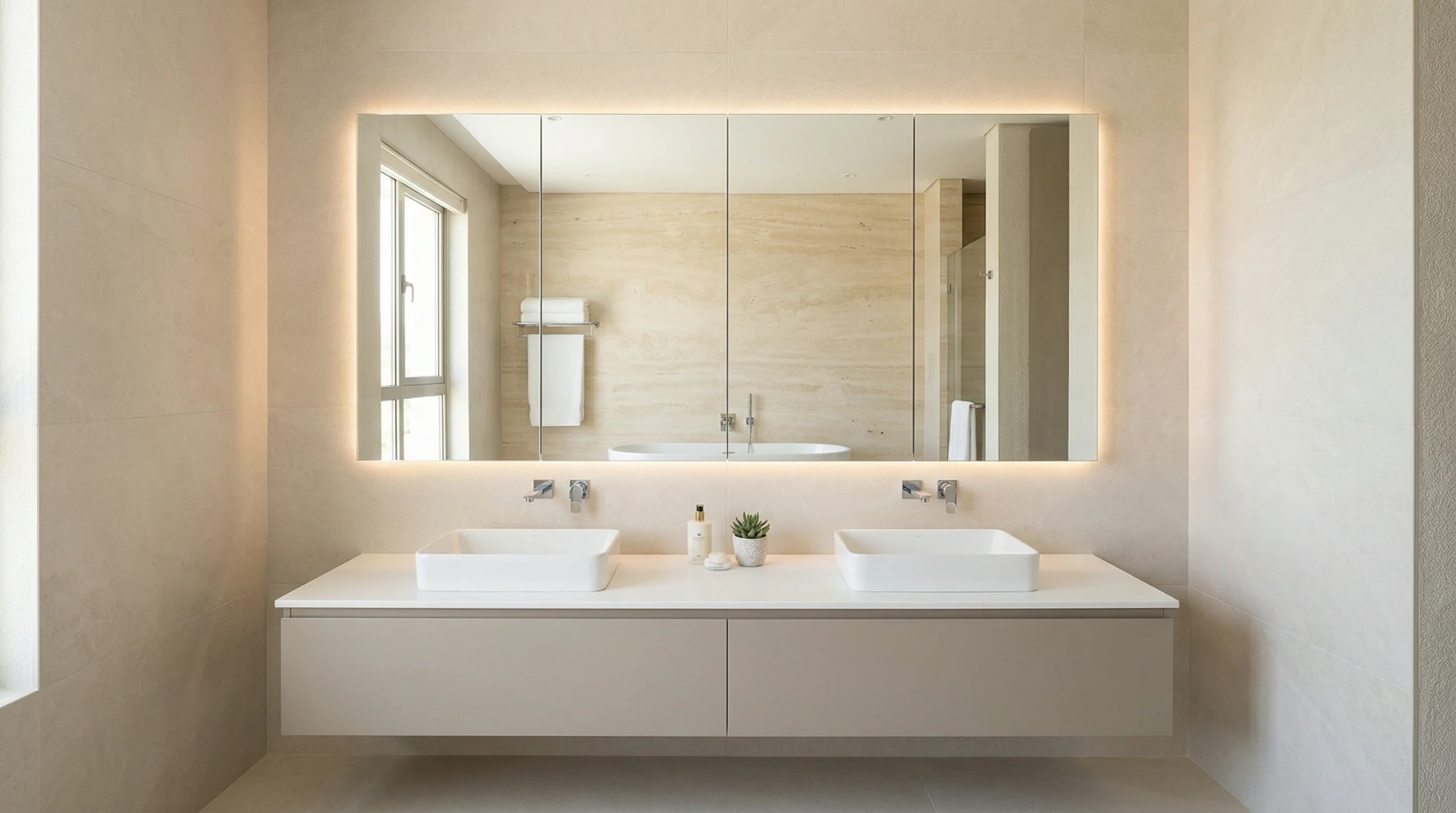 Full-width recessed mirror cabinet flush-mounted in UAE villa master bathroom with LED perimeter glow and travertine tile surround