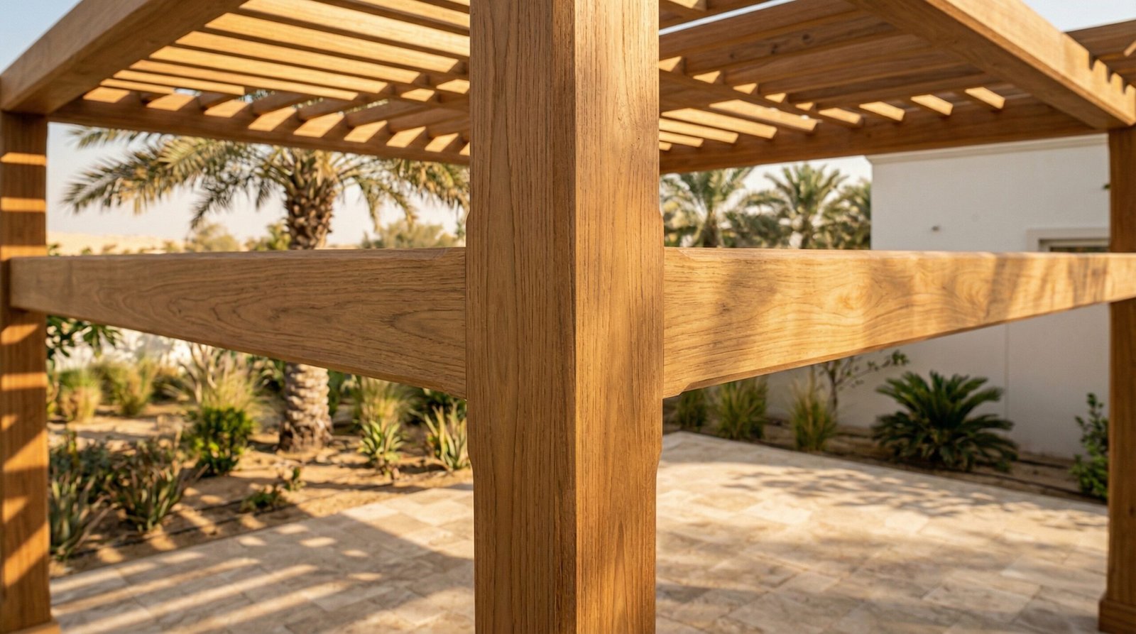 Solid hardwood teak timber pergola with exposed beam joinery installed over UAE villa garden terrace in Dubai