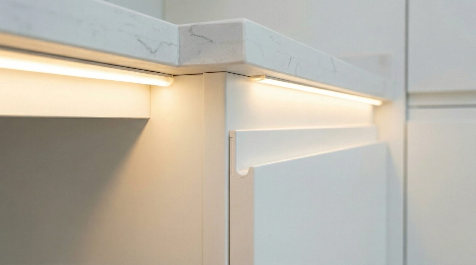 Close-up detail of climate-engineered kitchen cabinet joinery with sealed PVC edge banding installed in Dubai villa
