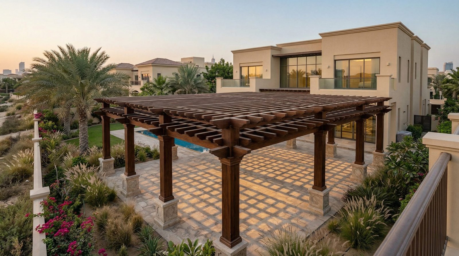 Grand cedar timber pergola with walnut stain covering full rear garden of Dubai villa with geometric beam shadow pattern