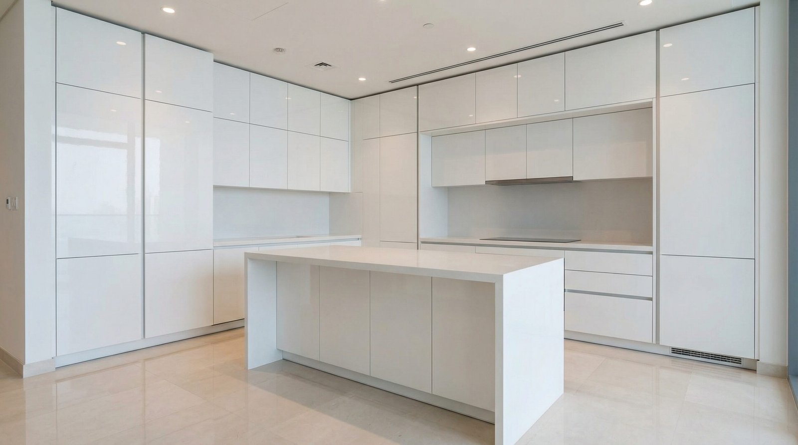 Handleless white gloss luxury kitchen cabinets with ceiling-height installation in Dubai penthouse for property value enhancement