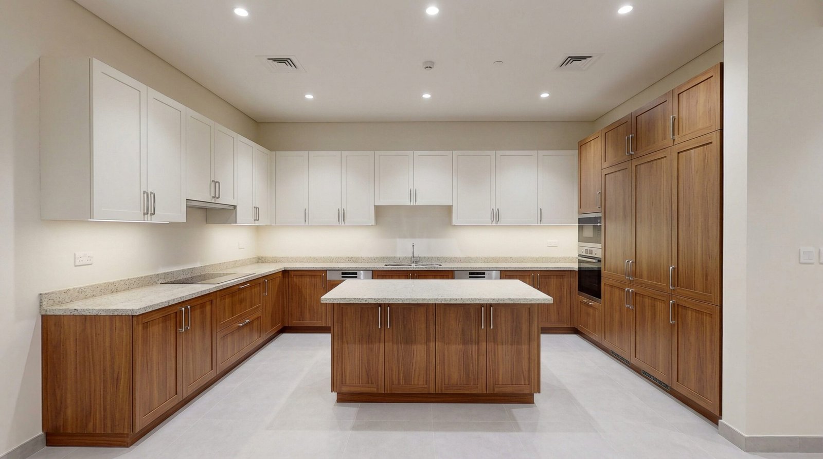 Complete two-tone kitchen cabinet solution with upper white and lower wood veneer cabinets fully i