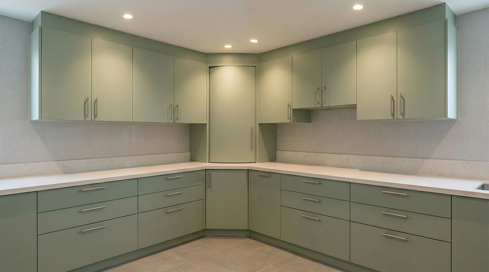 Custom L-shaped kitchen cabinet design in sage green with optimized corner storage installed in UAE apartment