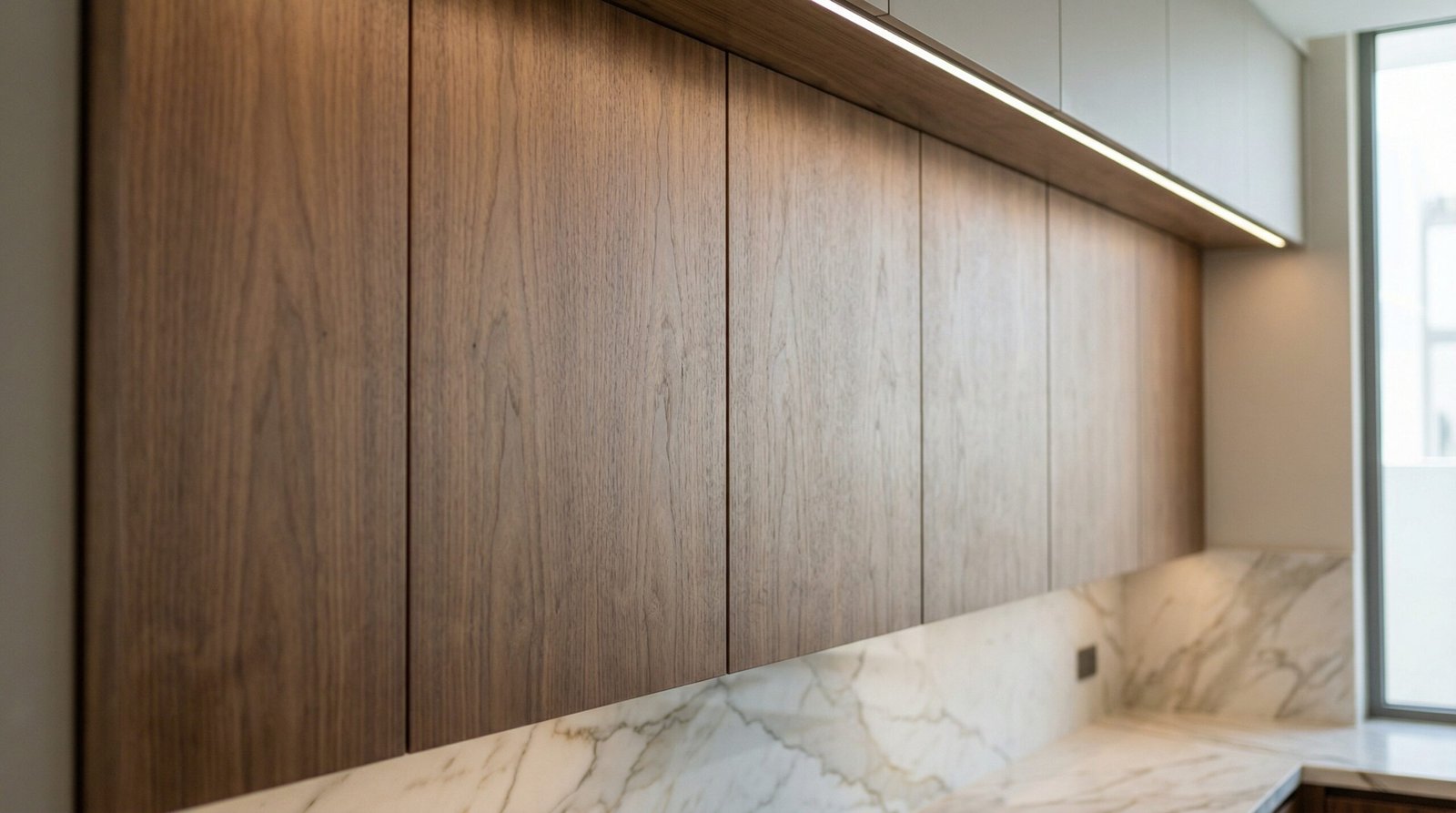 Book-matched walnut veneer kitchen cabinet doors with precision manufacturing installed in UAE villa kitchen