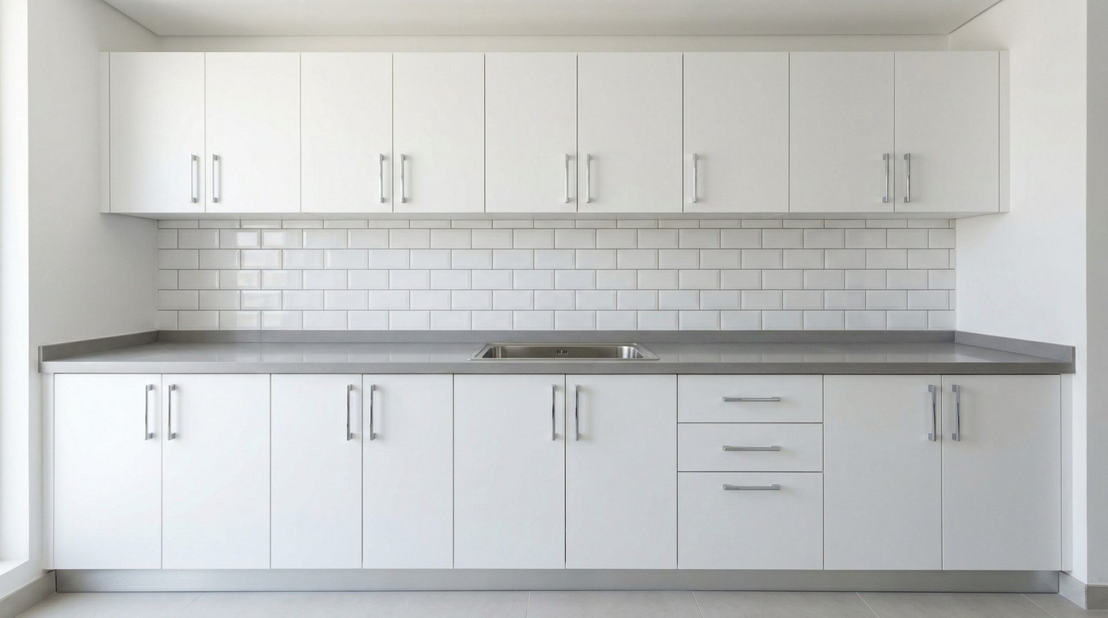 Professionally installed white matte kitchen cabinets with precise alignment and chrome handles in UAE apartment