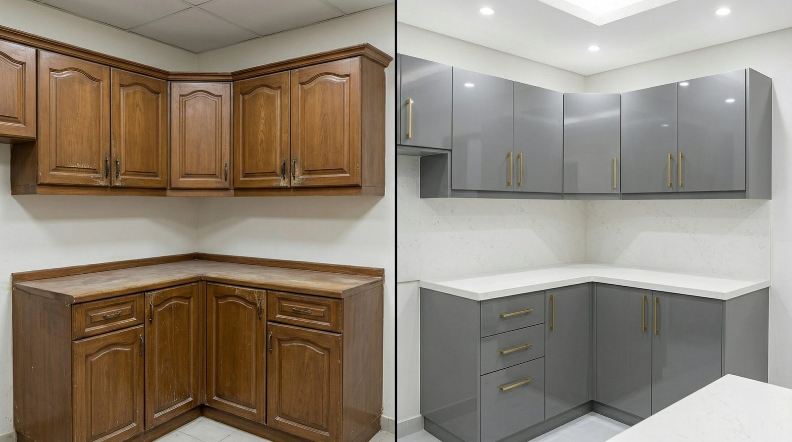 Kitchen cabinet refacing renovation before and after showing grey lacquer transformation in UAE home