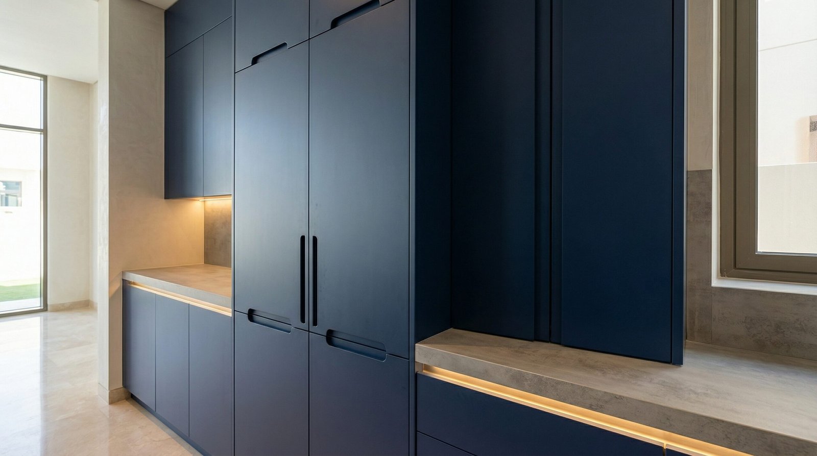 Custom navy blue tall pantry and storage cabinet system with recessed handles installed in UAE villa kitchen