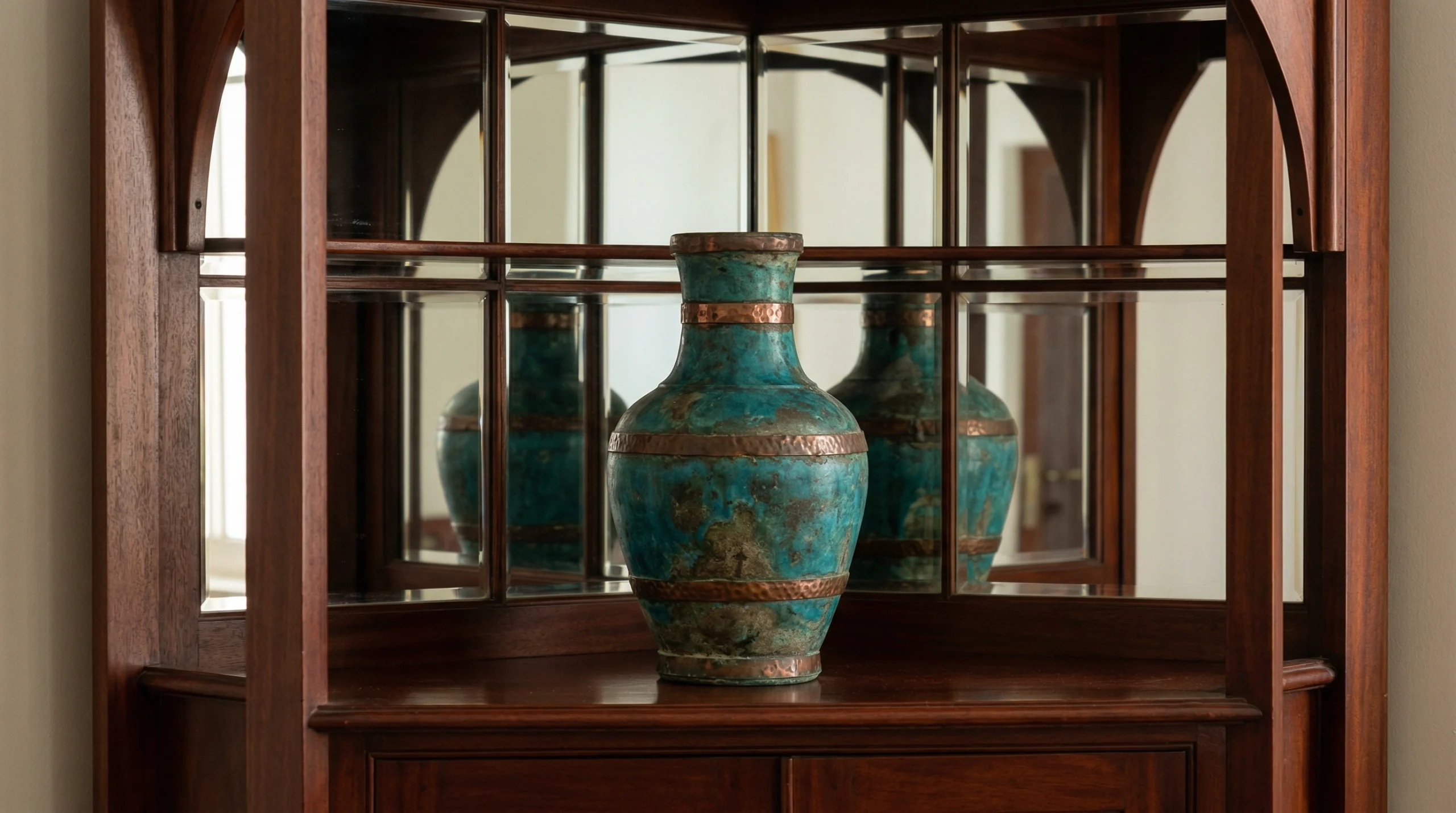 Traditional solid mahogany wood mirror cabinet with paneled doors and arch details installed in a Deira, Dubai residence. redo Reuse text prompt keyboard_arrow_up