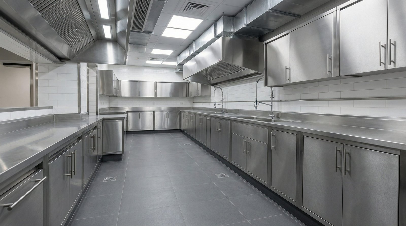 Commercial-grade stainless laminate kitchen cabinet installation for UAE restaurant with under-counter storage units