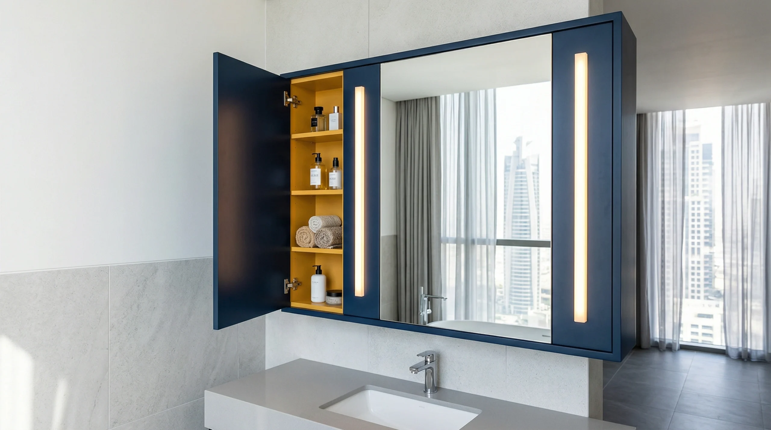 Modern custom mirror cabinet with navy blue lacquer, integrated vertical LED lights, and yellow internal shelving in Dubai South.