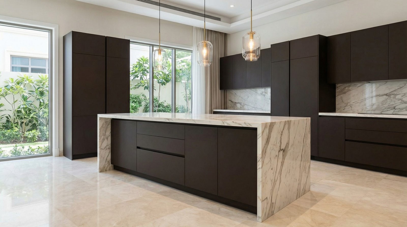 Custom luxury kitchen island in espresso lacquer with marble waterfall countertop installed in Dubai villa