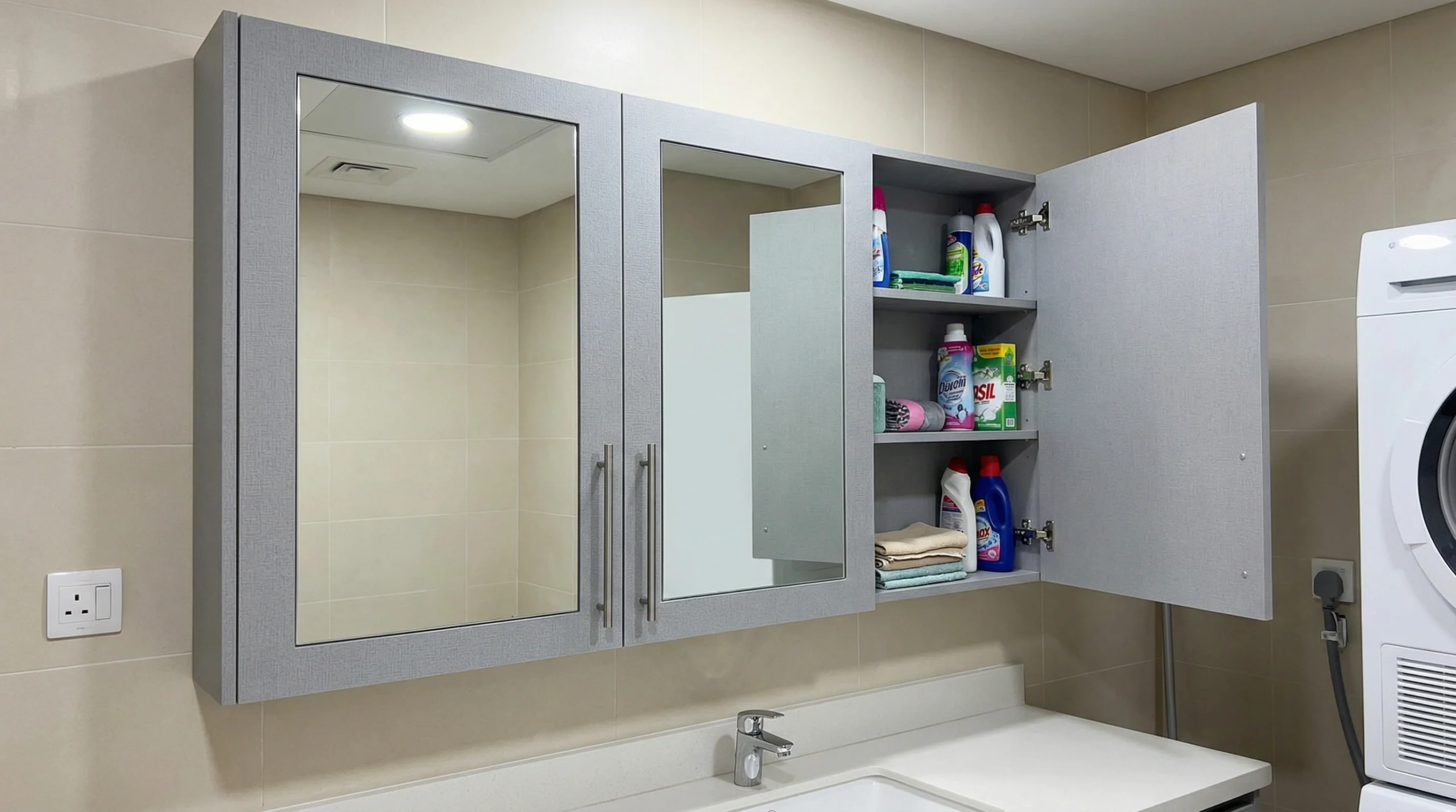 Practical and durable moisture-resistant textured gray mirror cabinet in a Nad Al Sheba, Dubai utility bathroom.