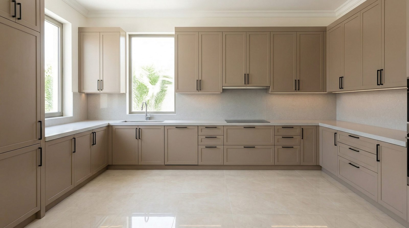 Completed kitchen cabinet project result in warm taupe lacquer showing full installation across UAE home kitchen