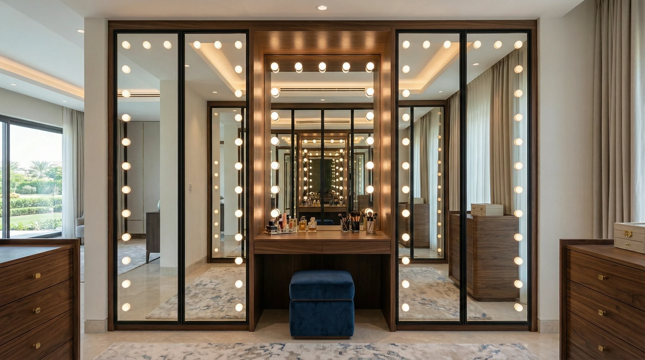 Luxurious custom mirror cabinet with Hollywood-style LED lighting and walnut wood joinery in an Al Furjan, Dubai dressing area.