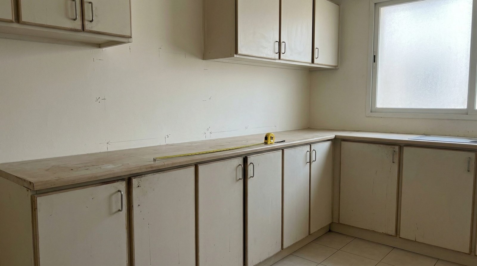 Empty UAE kitchen space with existing cabinets and measuring tape showing initial consultation assessment stage