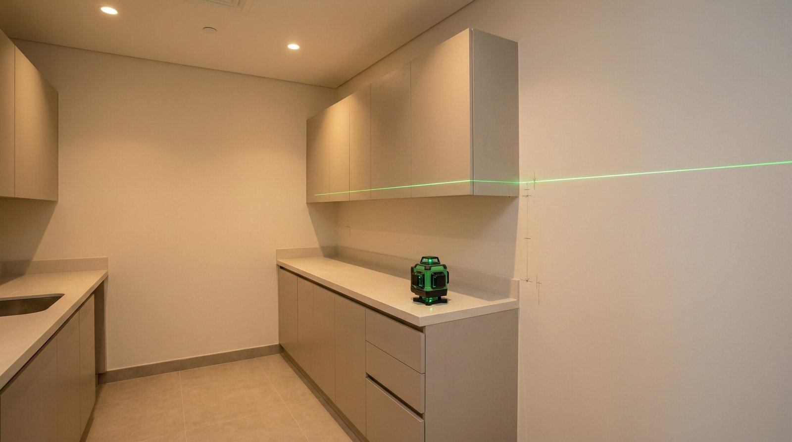 Laser level tool on UAE kitchen countertop during professional cabinet measurement and site assessment