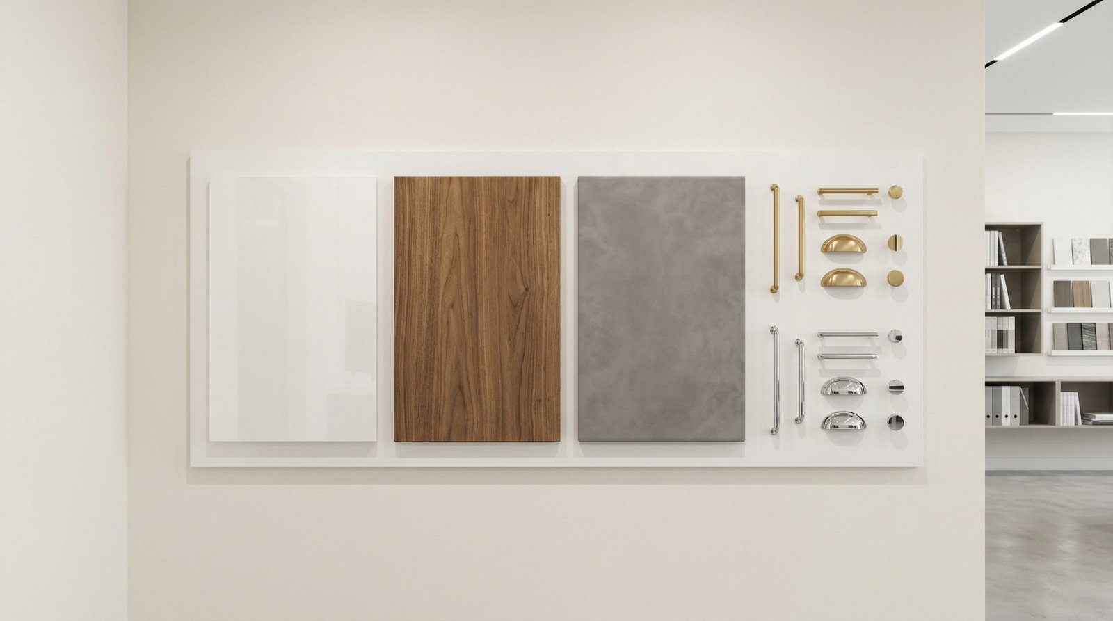 Kitchen cabinet door finish samples in white gloss, walnut veneer, and grey matte with hardware options at UAE design studio