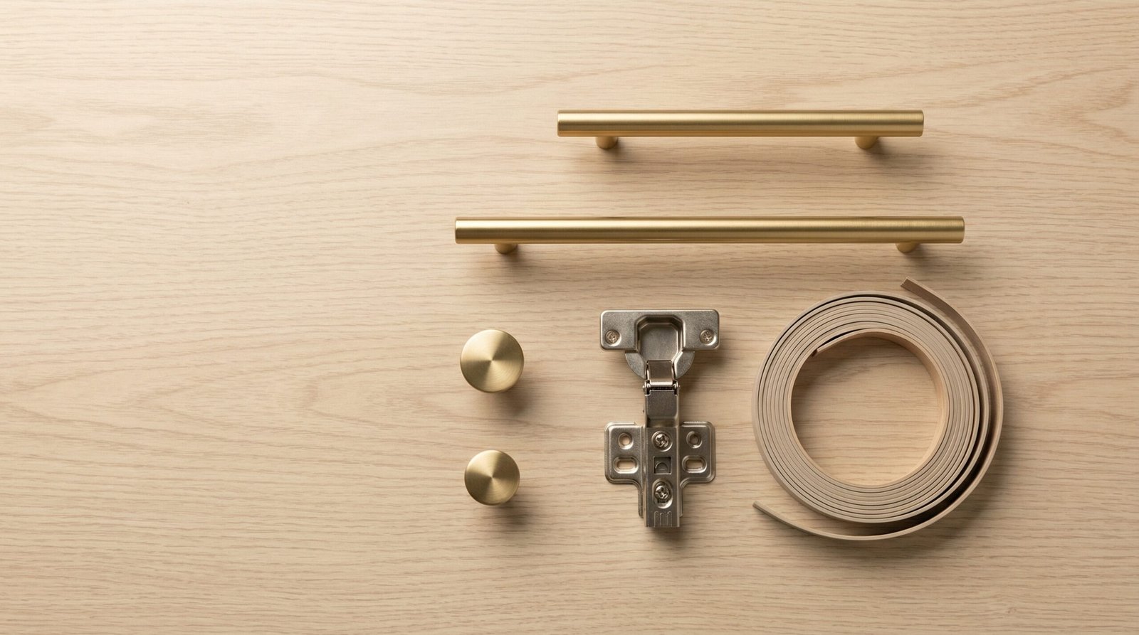 Kitchen cabinet hardware samples including brushed gold handles, knobs, and soft-close hinge for UAE project specification