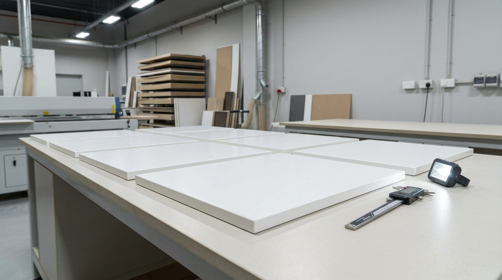 Freshly manufactured white lacquer kitchen cabinet doors with PVC edge banding in UAE carpentry workshop quality control
