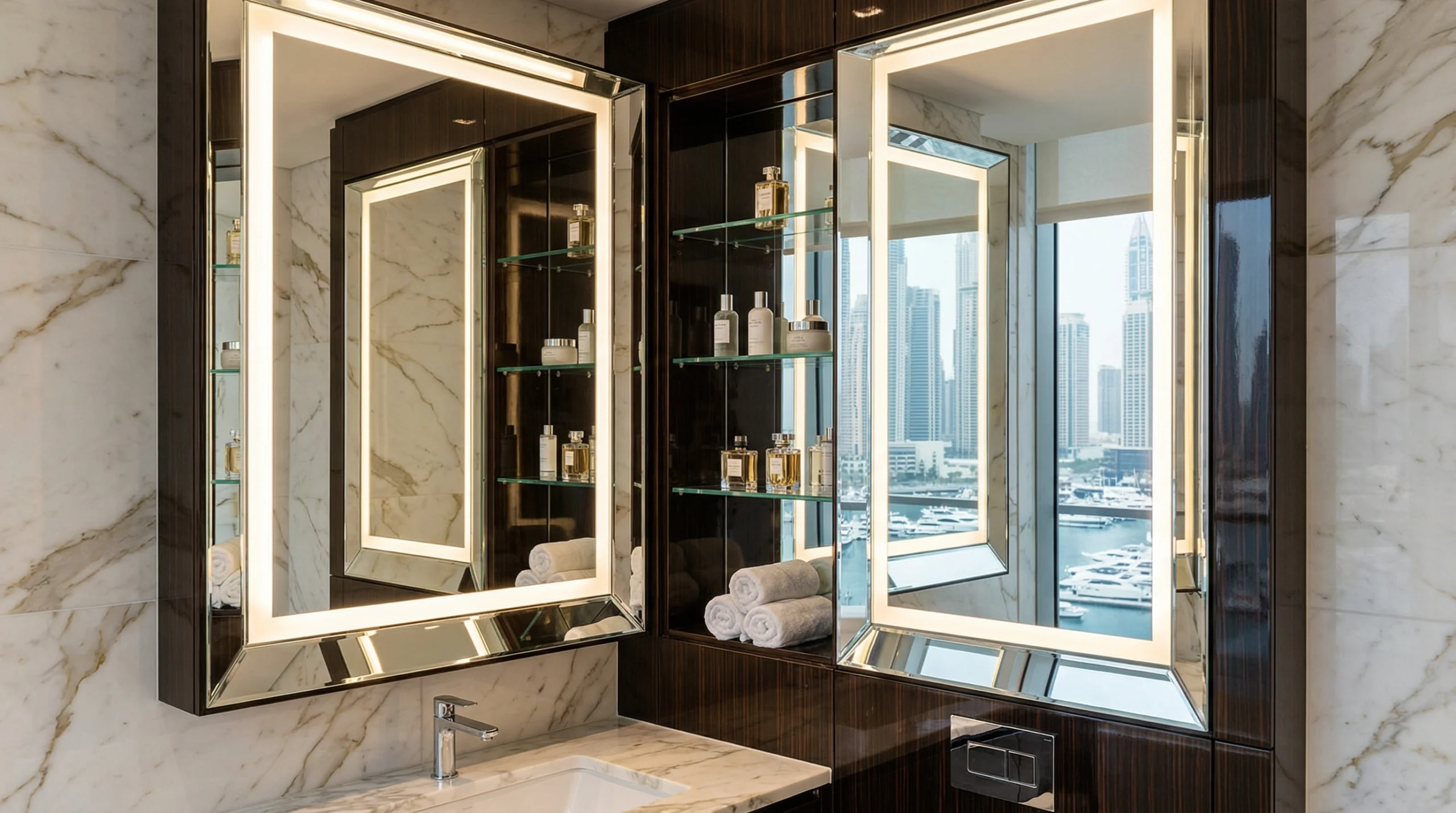 Custom floor-to-ceiling wenge wood and LED illuminated mirror cabinet installation in a luxurious Dubai Marina penthouse bathroom.