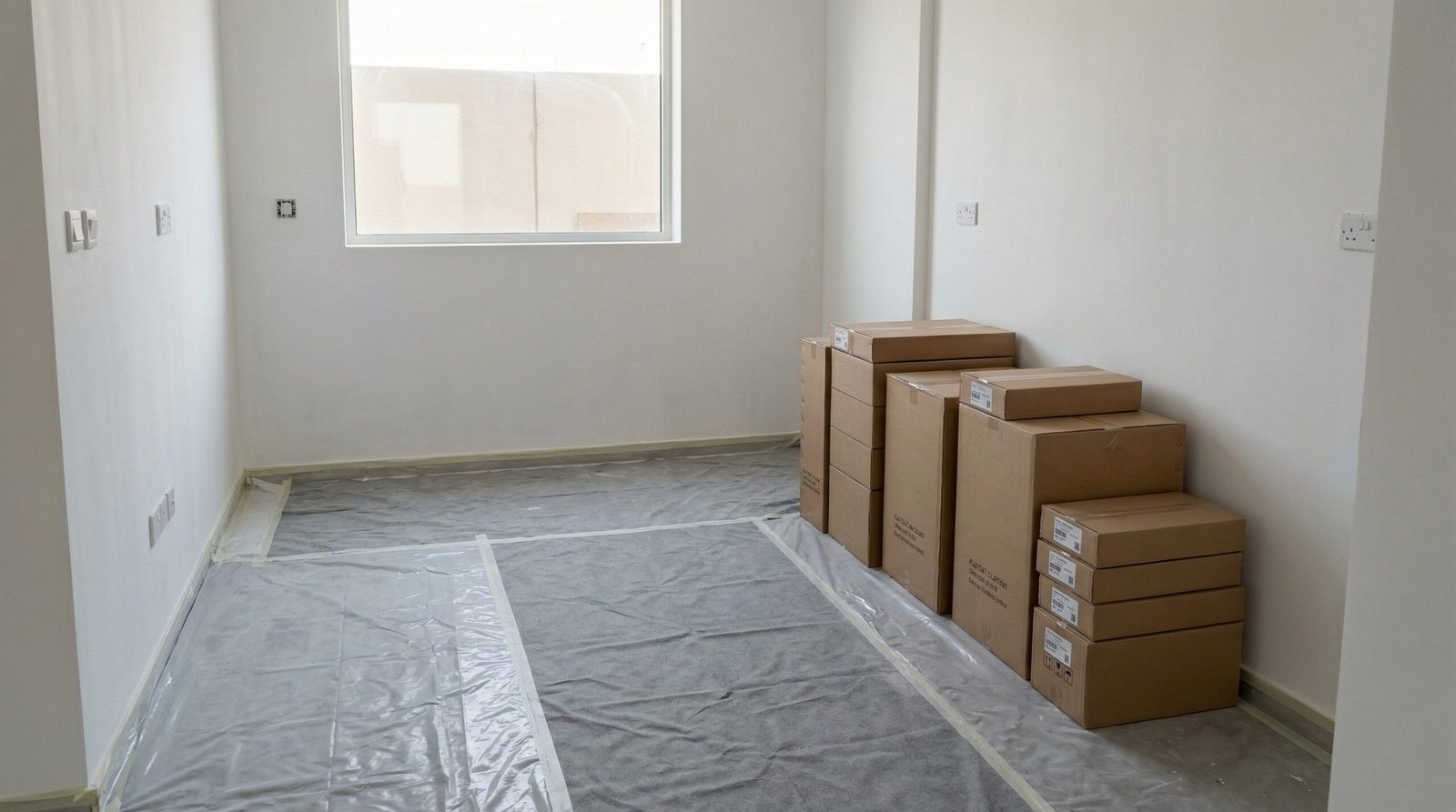 UAE kitchen pre-installation preparation with primed walls and stacked cabinet carcasses ready for fitting