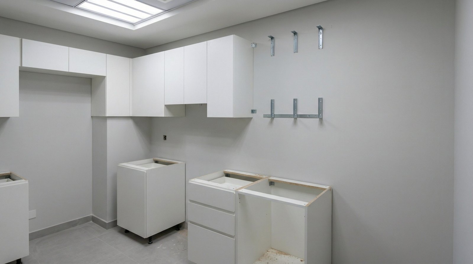 Partially installed white matte kitchen wall cabinets mounted in UAE apartment showing expert installation in progress