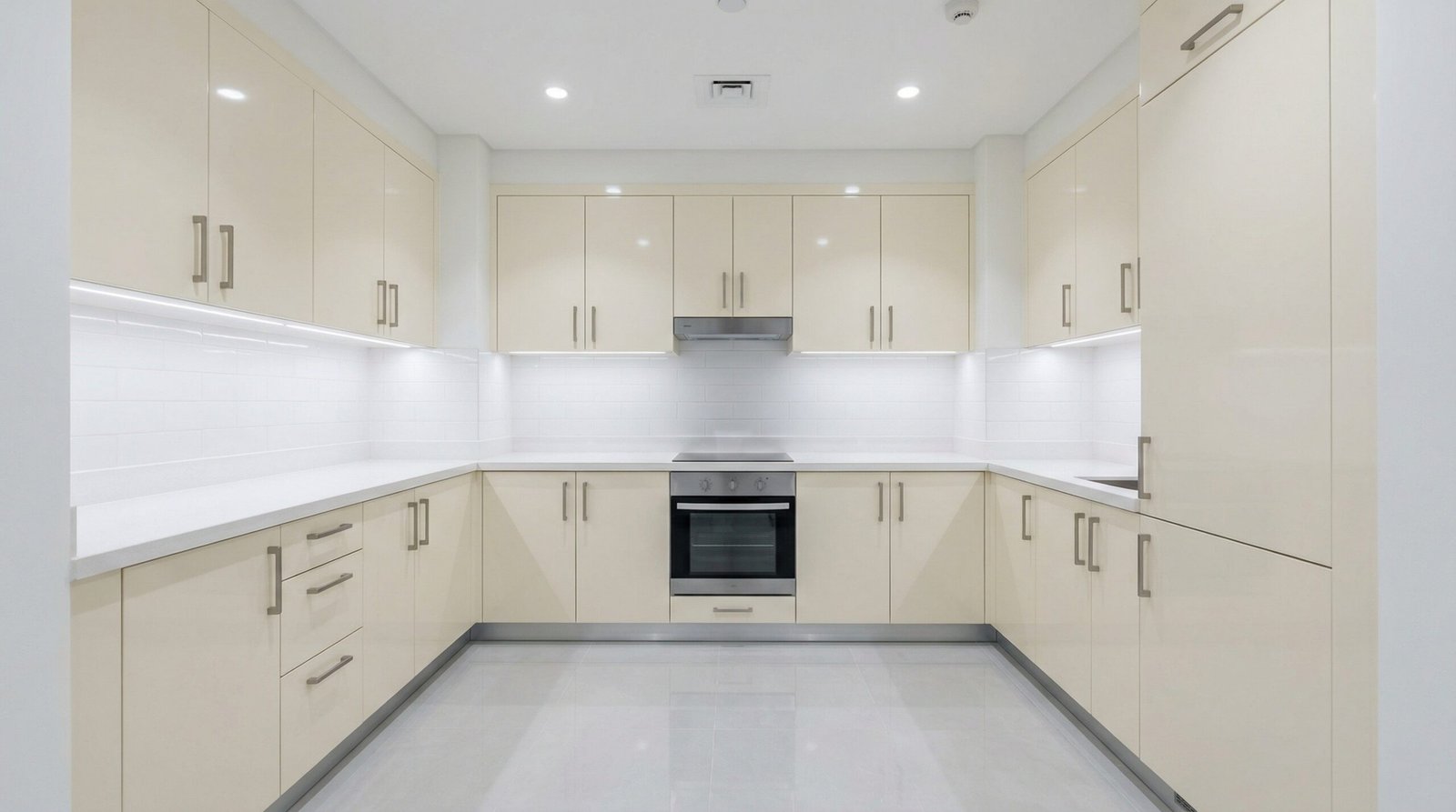 Completed kitchen cabinet installation in ivory lacquer ready for handover in UAE apartment with clean quartz countertop