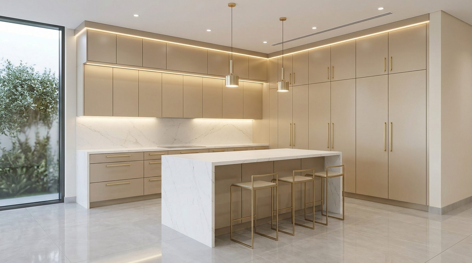 Premium champagne beige kitchen cabinet installation with brushed gold handles and LED lighting in UAE villa