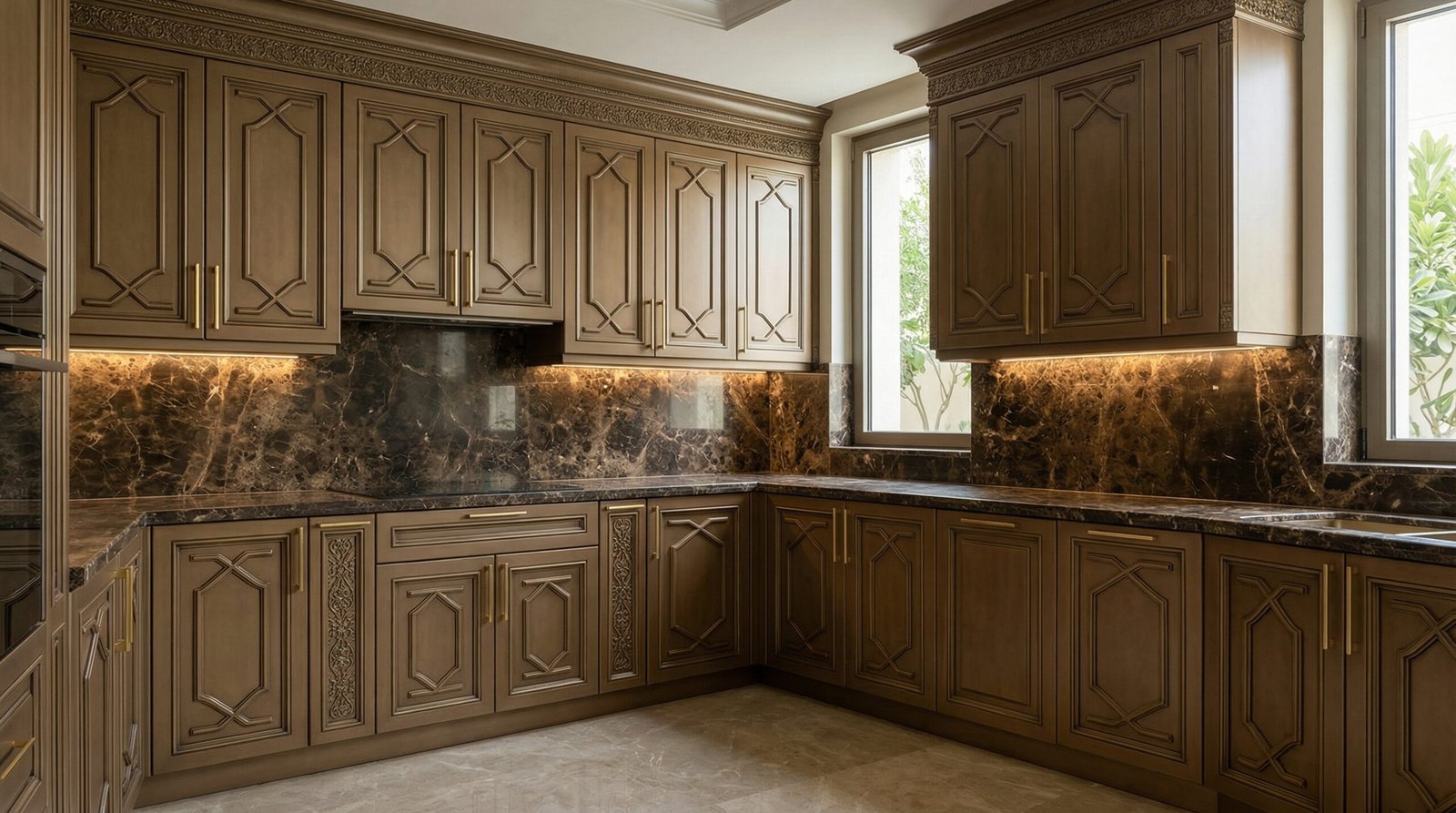 Traditional UAE-style kitchen cabinets in bronze-brown lacquer with geometric panel doors and gold handles