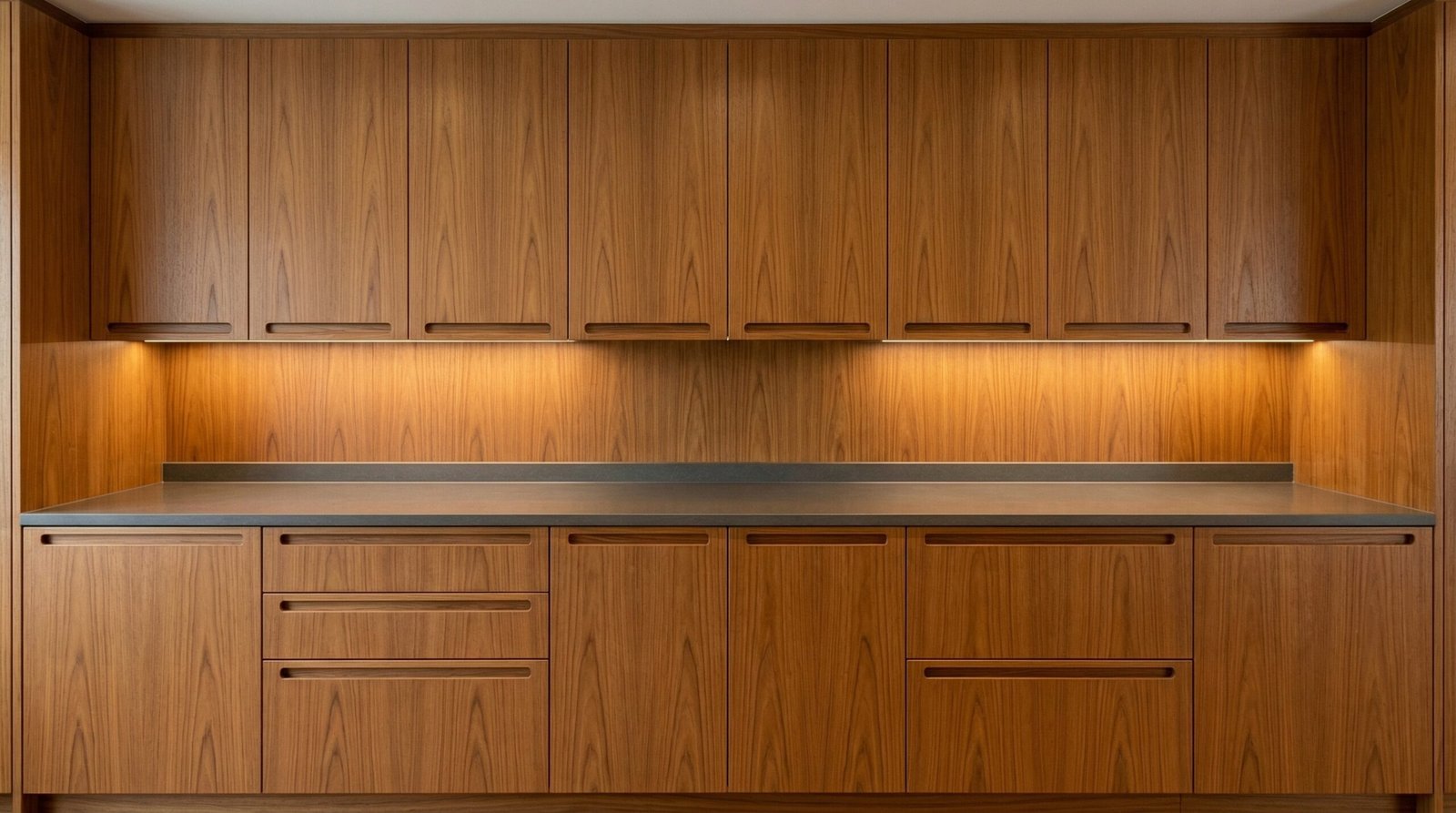 Teak wood veneer kitchen cabinets with matched grain direction from in-house UAE carpentry manufacturing