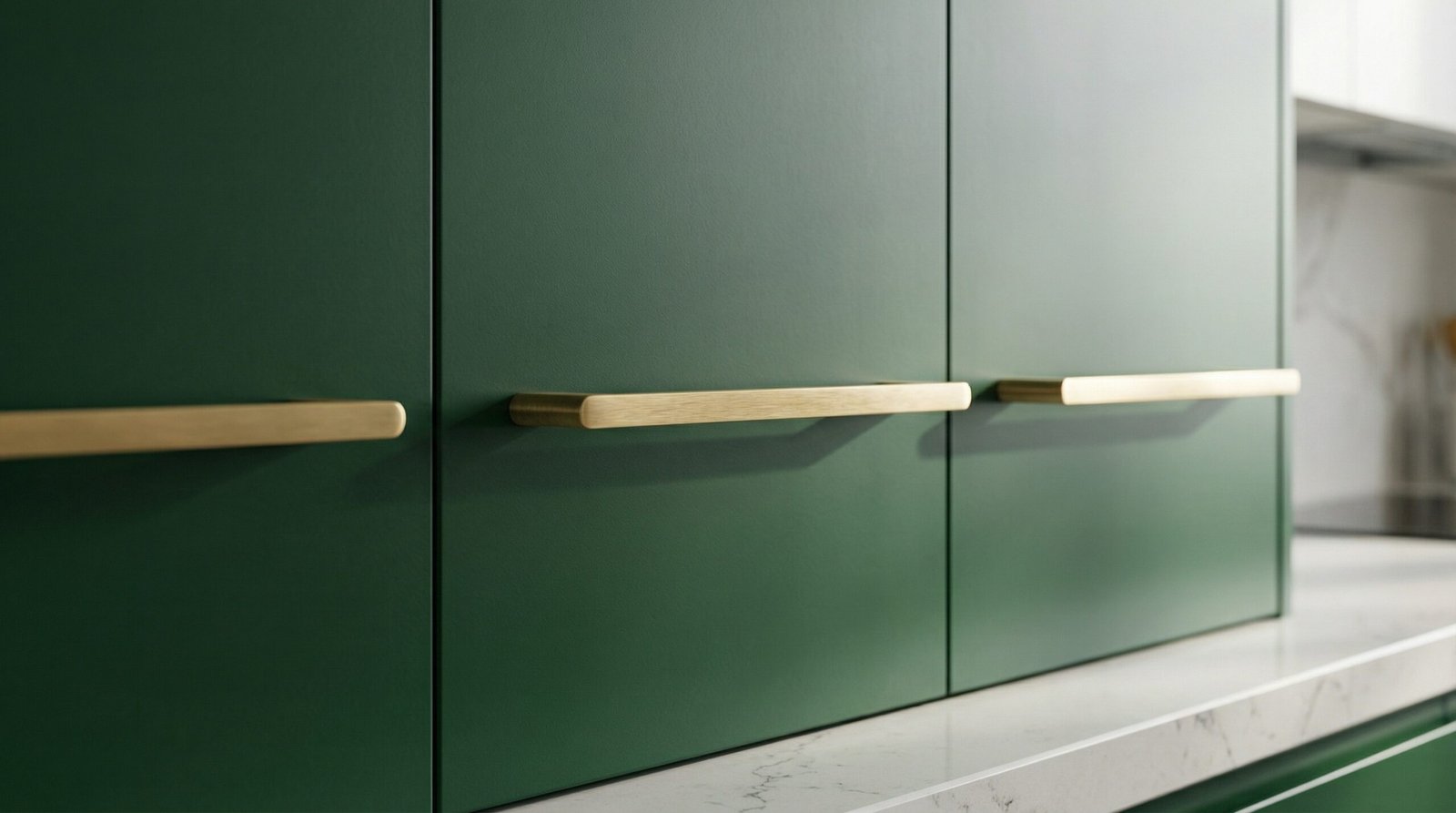 Premium brushed brass bar handles on deep green lacquer kitchen cabinet doors in UAE luxury installation