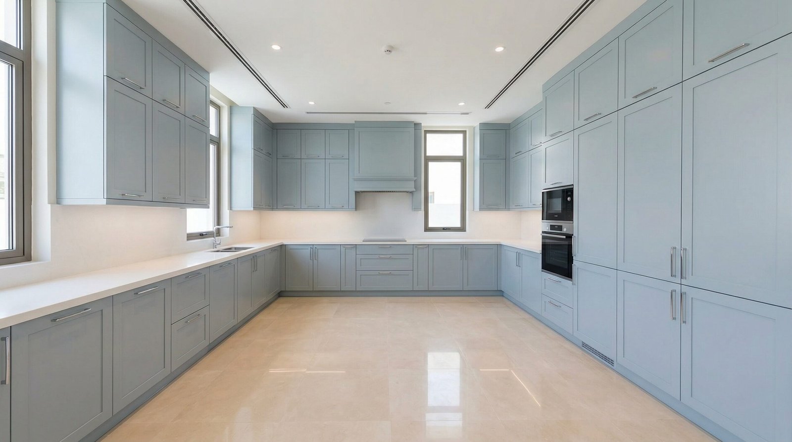 Full-perimeter pale blue-grey kitchen cabinet installation across UAE villa kitchen showing comprehensive project management