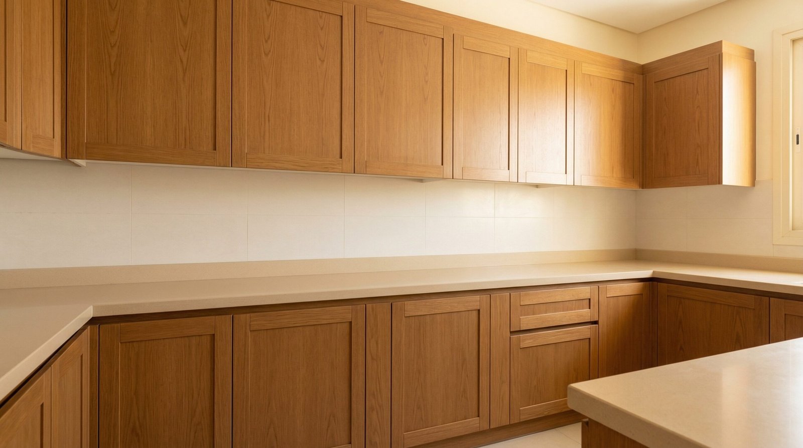 Well-maintained oak veneer kitchen cabinets in UAE villa conveying long-term warranty and lasting installation quality