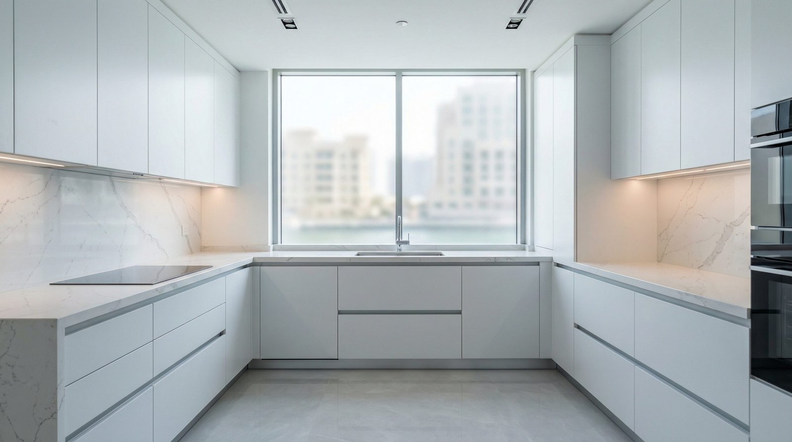 Luxury white lacquer kitchen cabinet renovation in Dubai Marina waterfront apartment with marble effect countertop