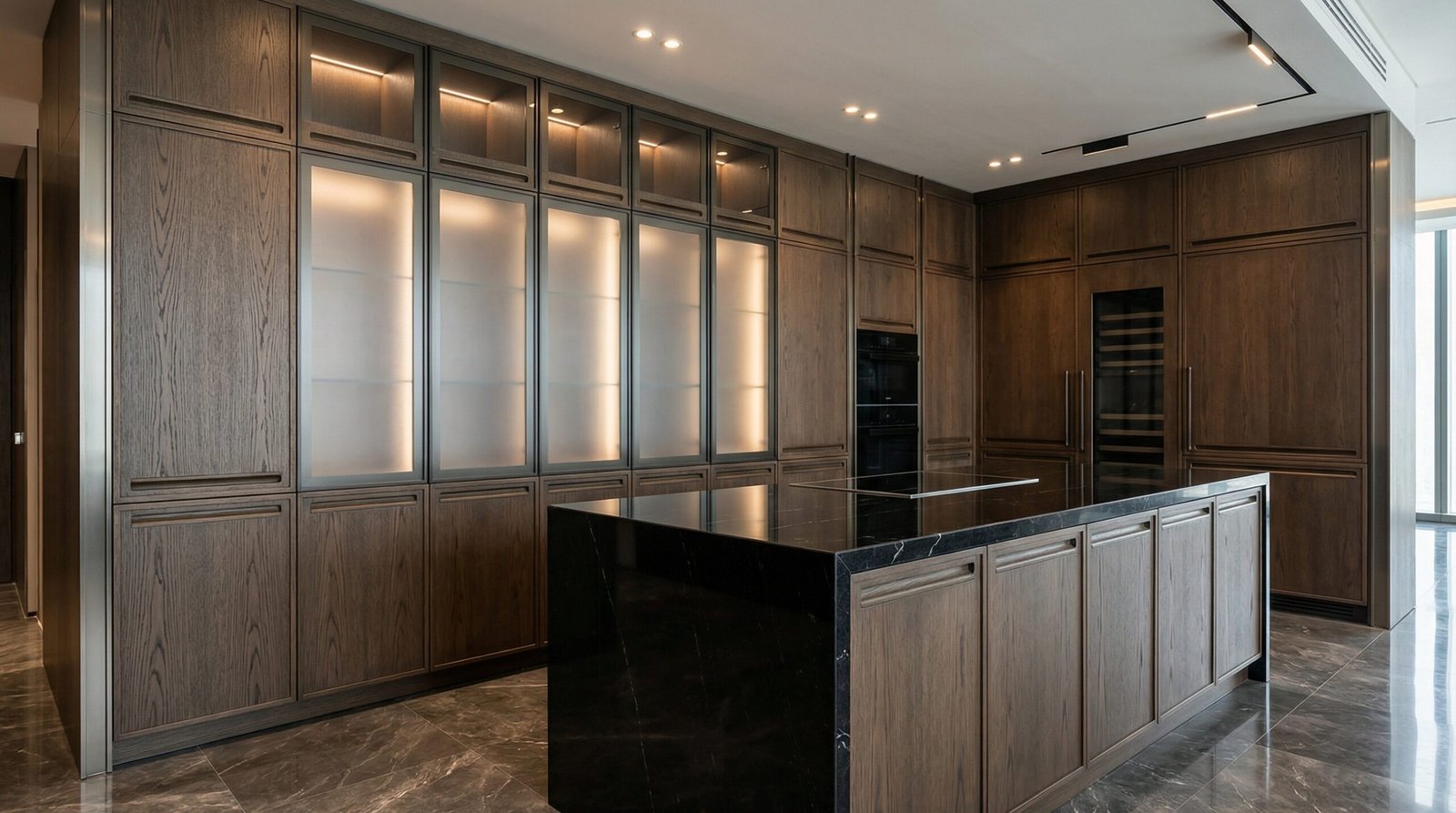 Ultra-luxury smoked oak kitchen cabinet installation with black granite island in Downtown Dubai penthouse