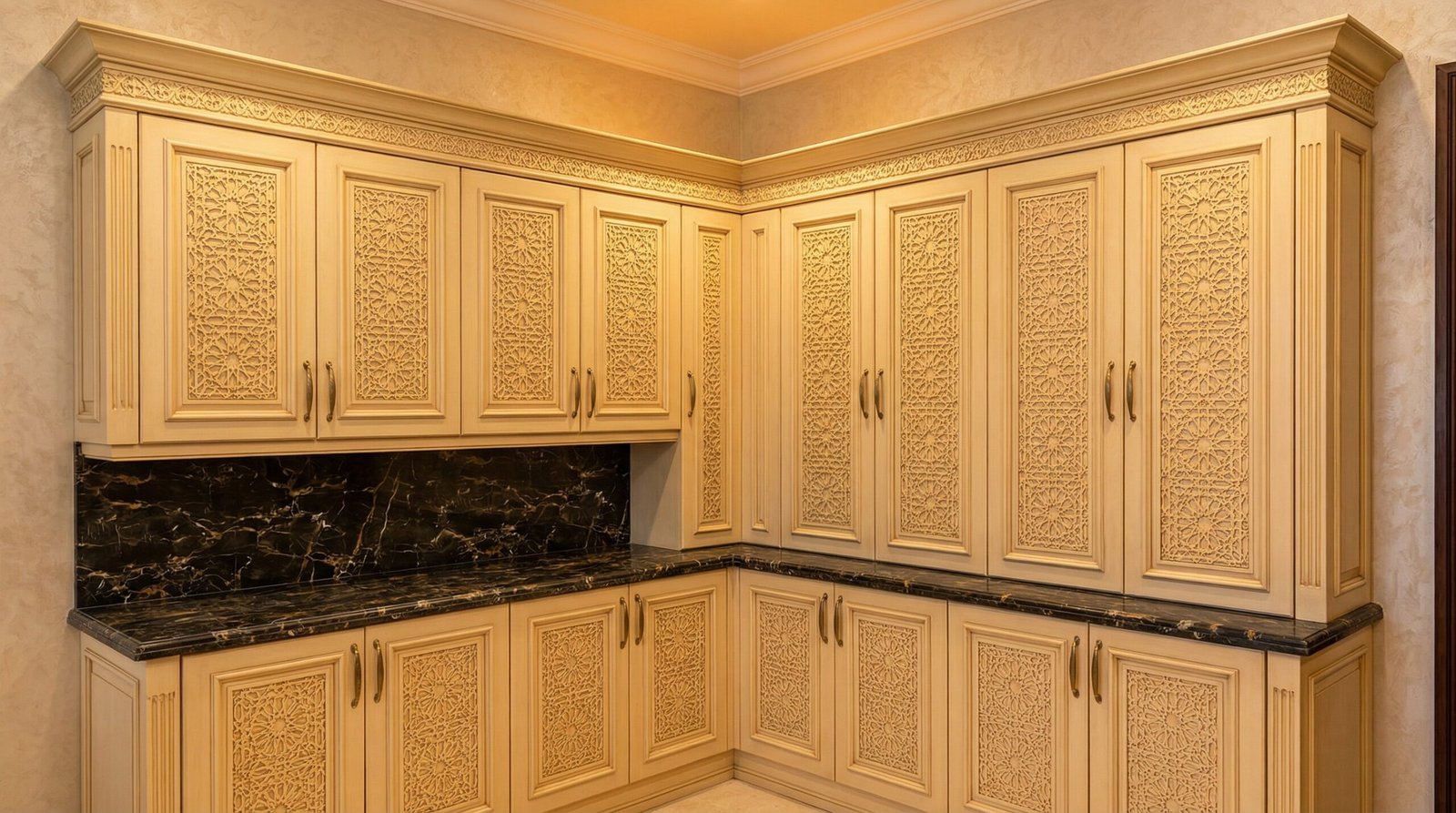 Traditional Arabic-style kitchen cabinets in ivory with Mashrabiya carved panels and gold handles in Jumeirah villa