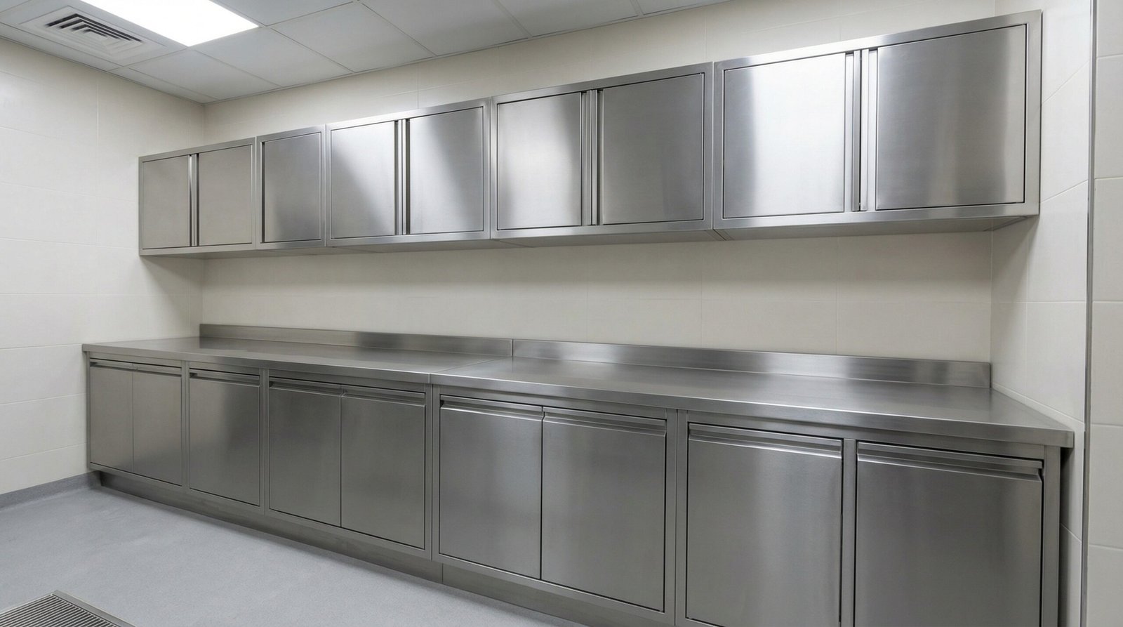 Commercial stainless laminate kitchen cabinet expansion installed in Dubai Marina Walk restaurant kitchen