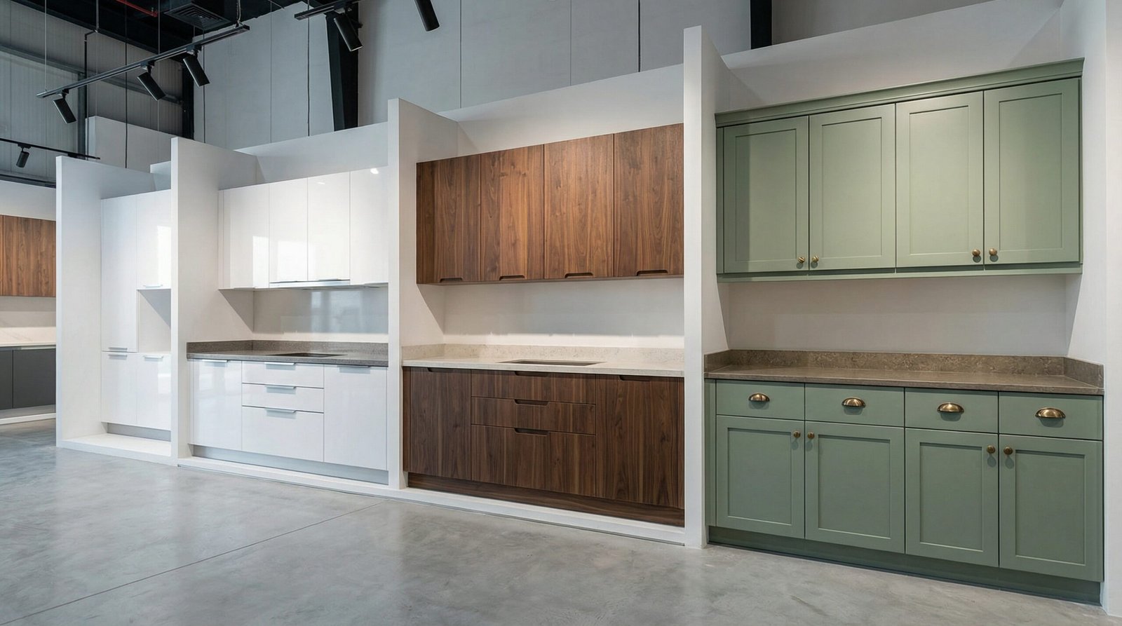 Dubai carpentry showroom displaying multiple kitchen cabinet styles including white gloss, walnut veneer, and sage green lacquer