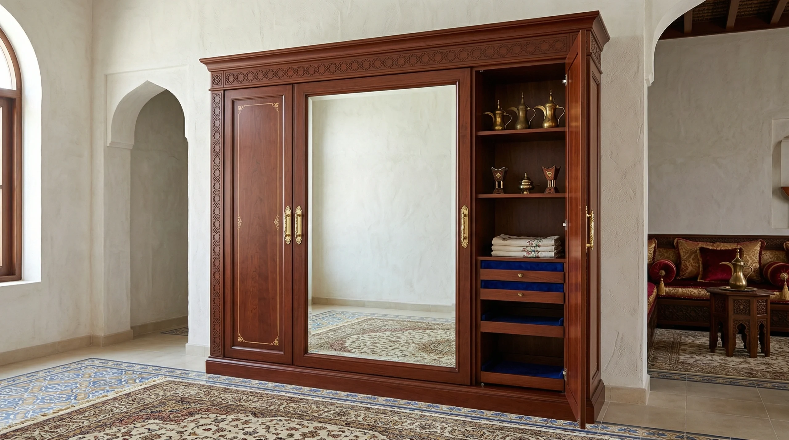 Traditionally designed cherry wood mirror cabinet with geometric carvings and brass handles installed in a Jumeirah, Dubai villa