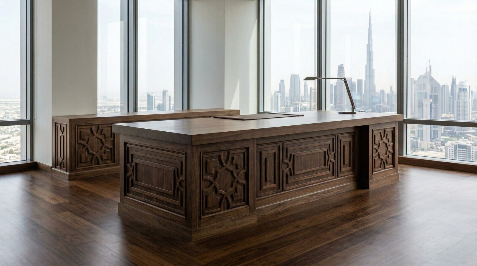 Massive Immovable Executive Walnut Wood Custom Desk Built Directly Into A High End Dubai Office Setting.