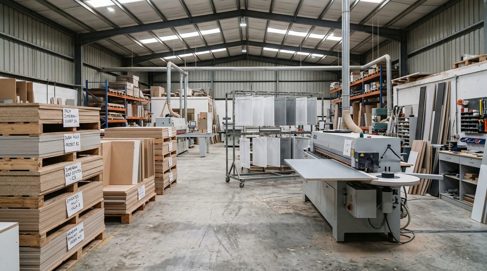 In-house walk-in closet carcass panel production with CNC machining and lacquer curing at Karnak Carpentry's Al Quoz Dubai manufacturing workshop