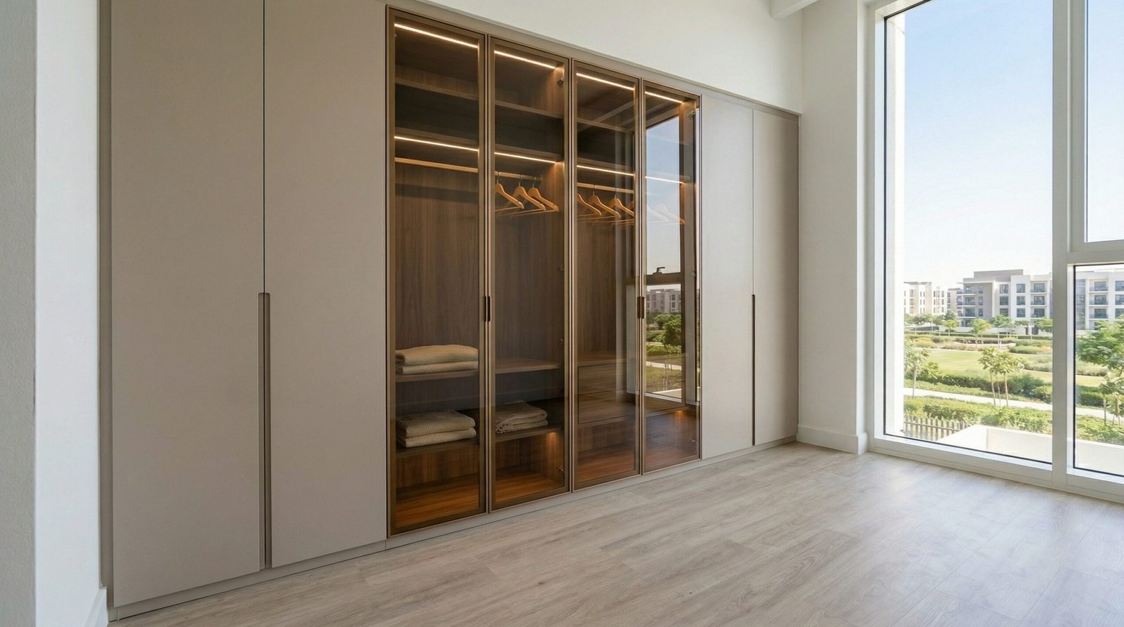Initial wardrobe consultation site visit with laser measuring and room plan in new Dubai Hills apartment handover stage by Karnak Carpentry UAE