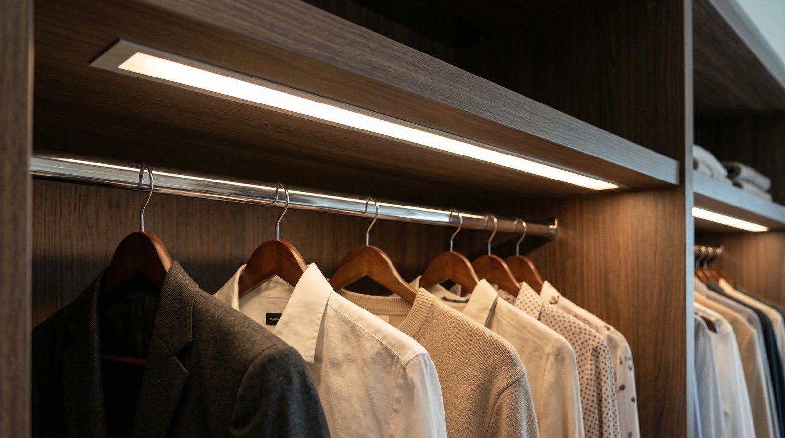 Recessed LED strip in aluminium profile under wardrobe shelf providing integrated rail lighting in Jumeirah apartment custom wardrobe by Karnak Carpentry Dubai