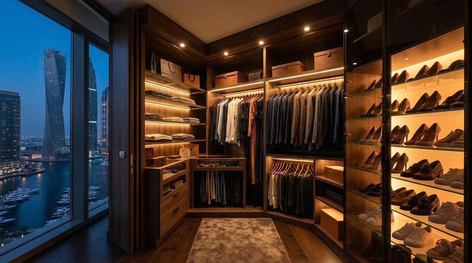 Integrated automatic LED strip and recessed spotlight lighting system in walk-in wardrobe installed in Dubai Marina penthouse by Karnak Carpentry UAE