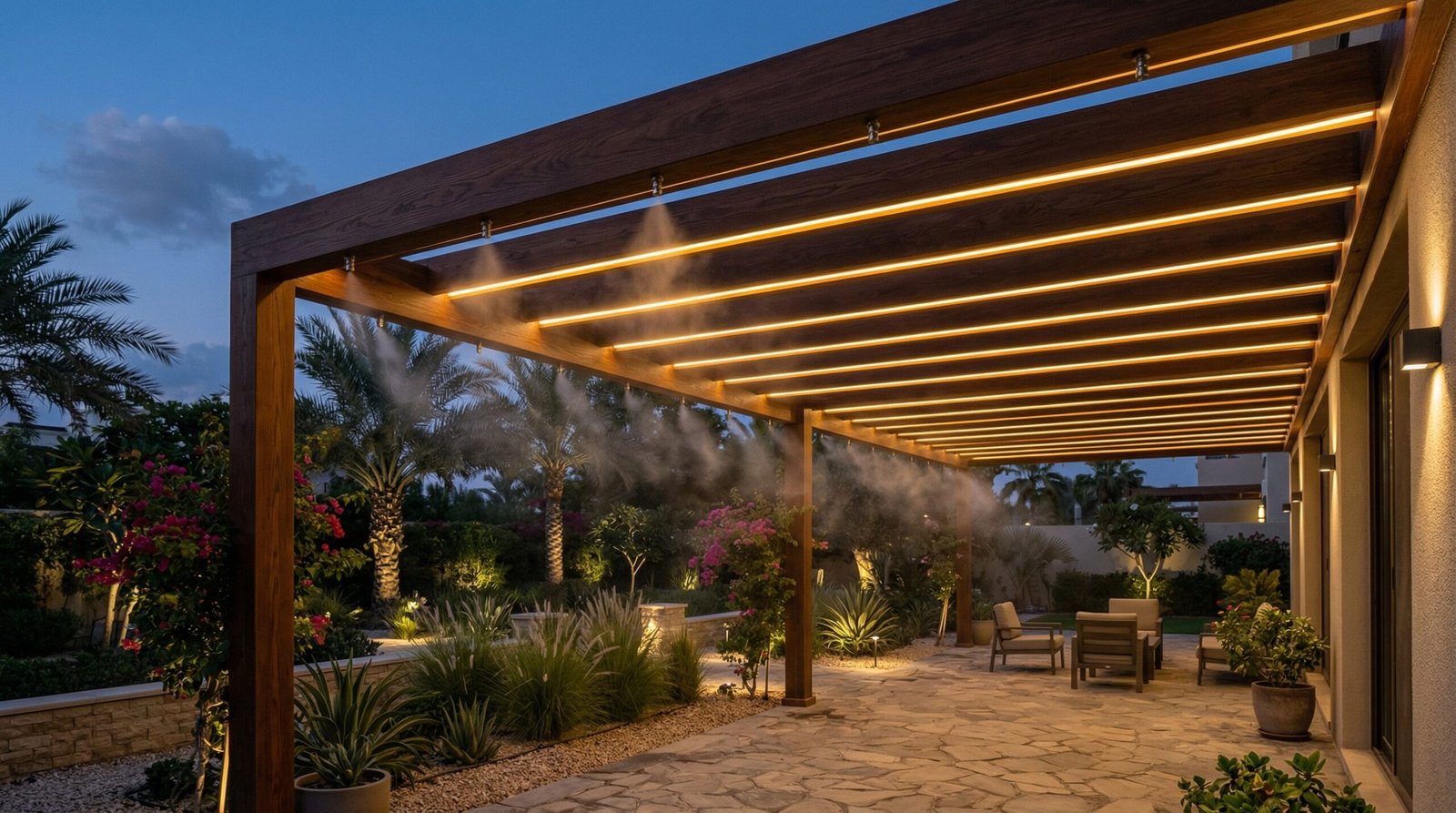 UAE villa garden pergola with integrated recessed LED lighting and concealed stainless steel misting system at evening