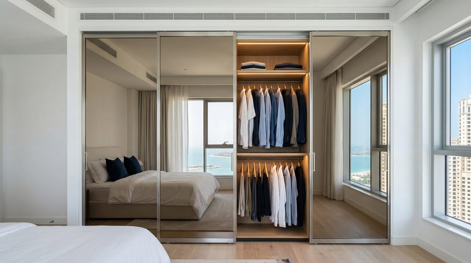 Floor-to-ceiling built-in wardrobe with smoked bronze mirror sliding doors and double-hang interior installed in JBR apartment by Karnak Carpentry Dubai UAE