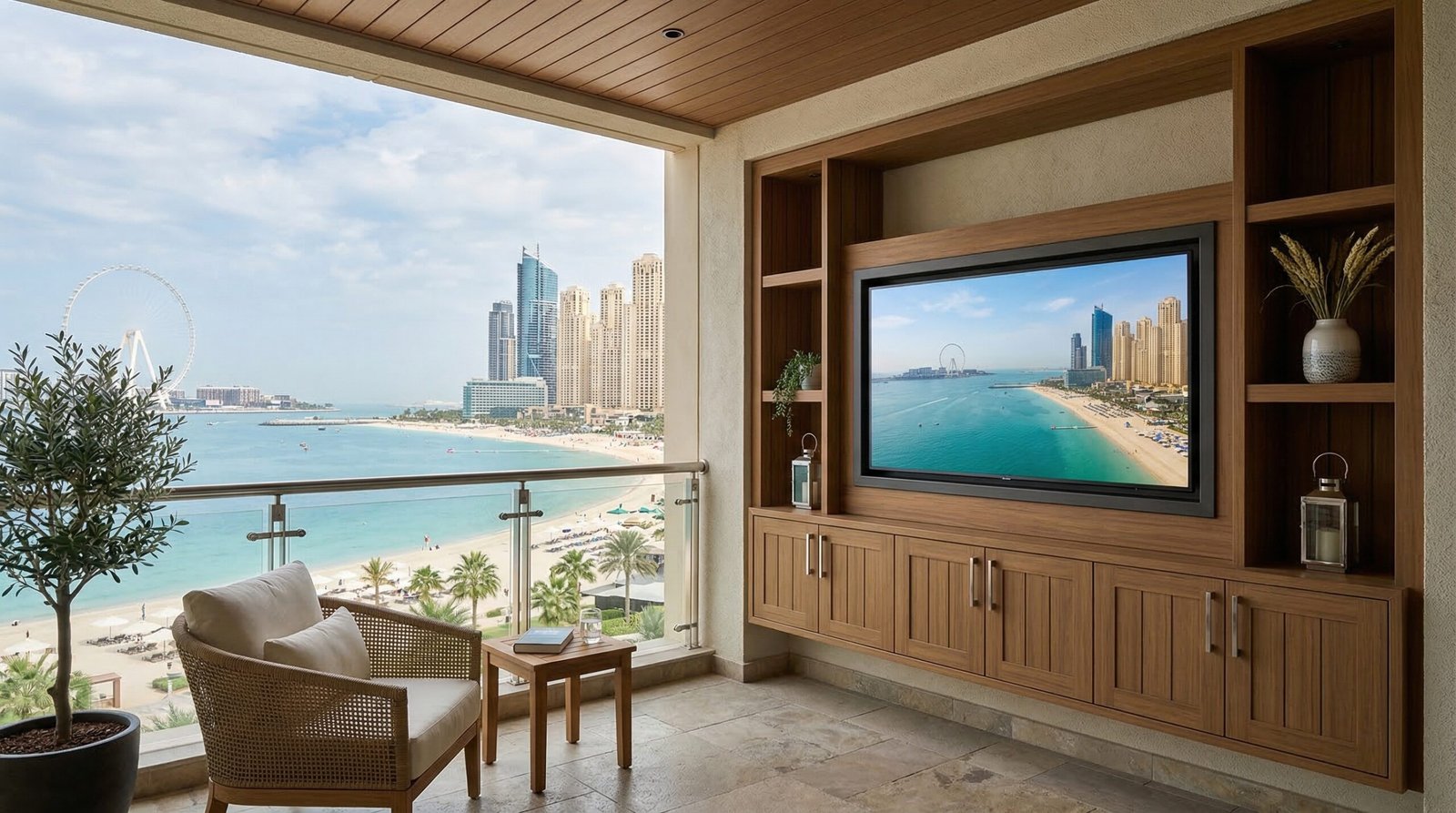 Weatherproof teak-effect composite media unit with marine-grade hardware installed on Jumeirah Beach Residence balcony by Karnak Carpentry Dubai