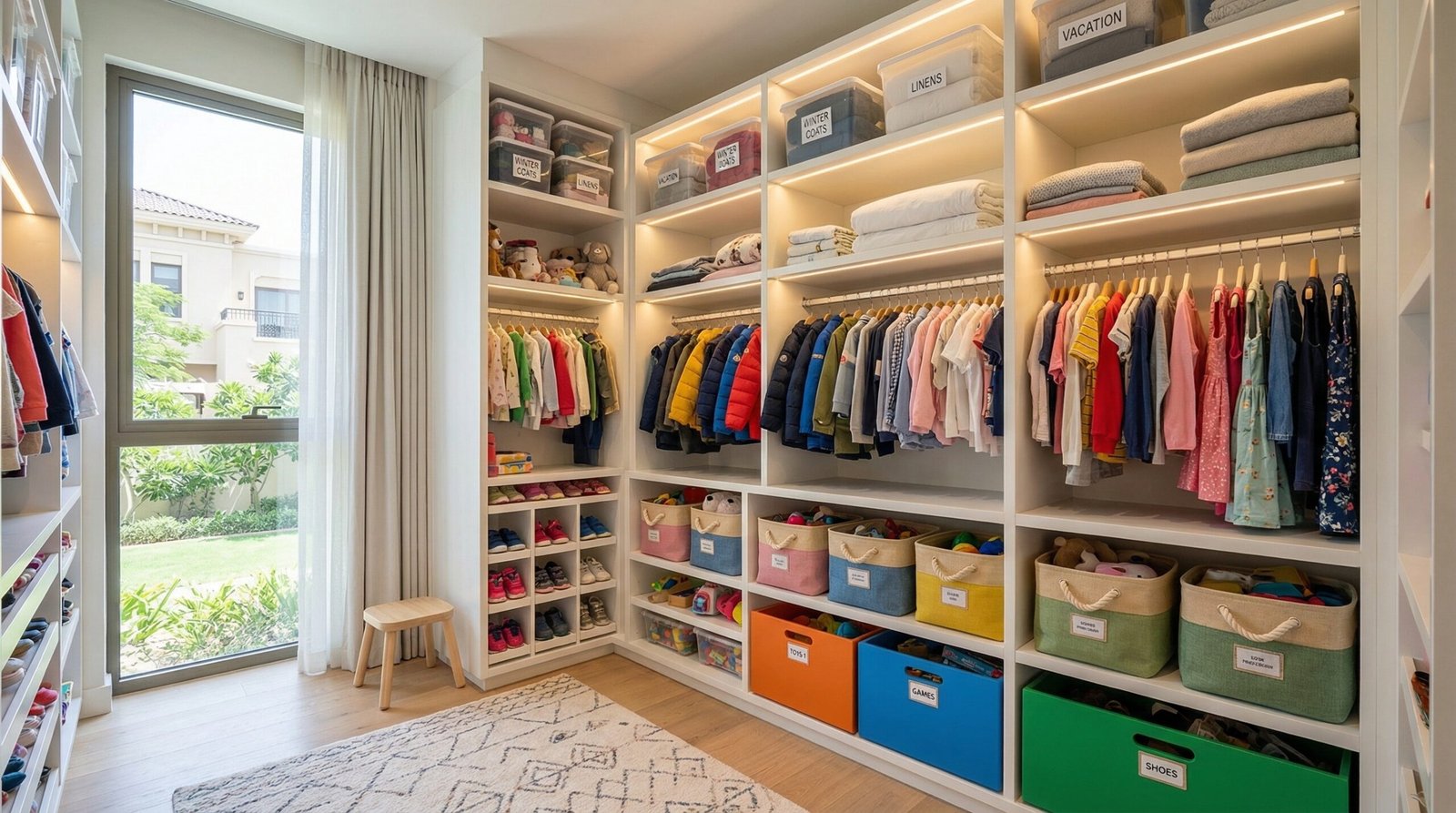 Children's walk-in wardrobe with low hanging rail, pull-out toy drawers and open shelving installed in Jumeirah villa by Karnak Carpentry Dubai UAE